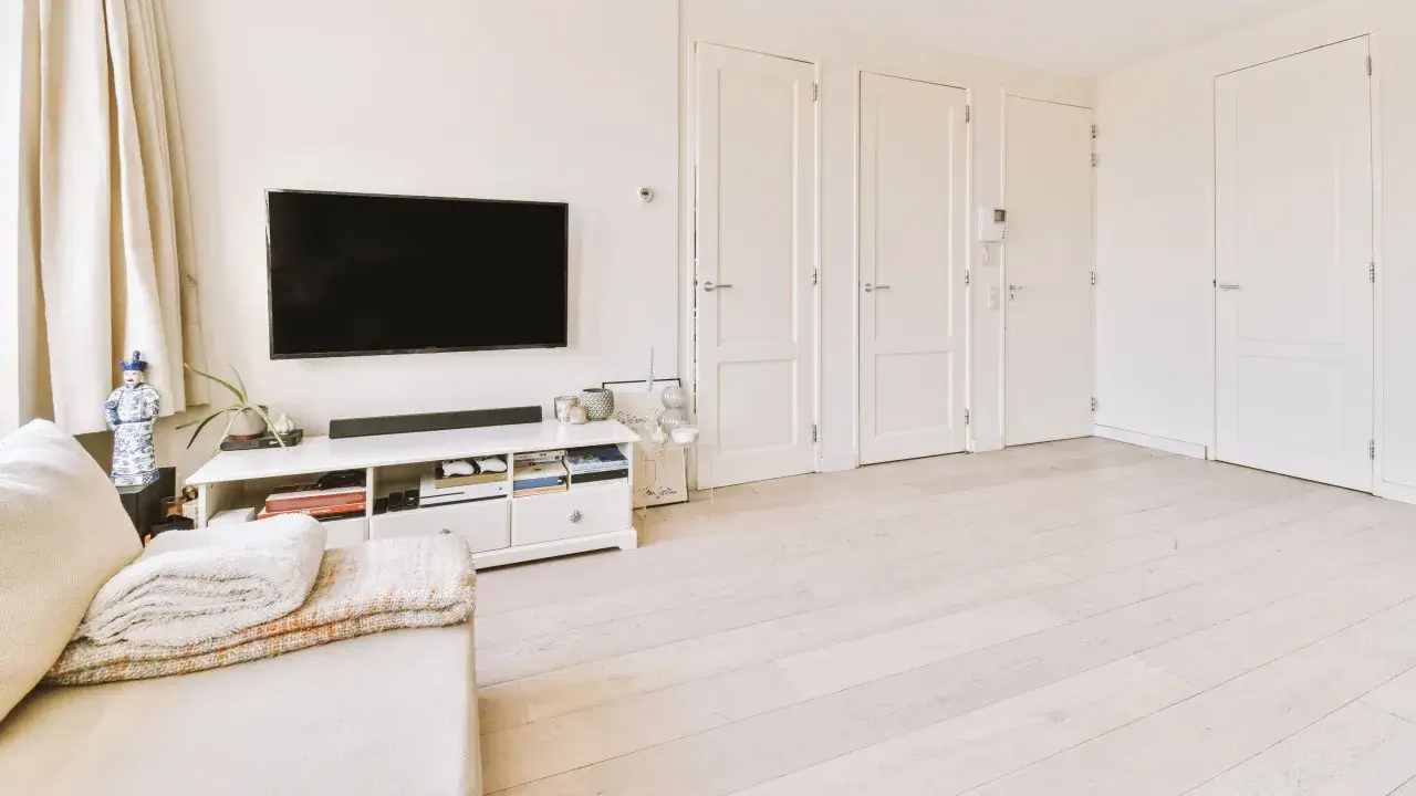 A spacious modern room with lounge and dining areas.